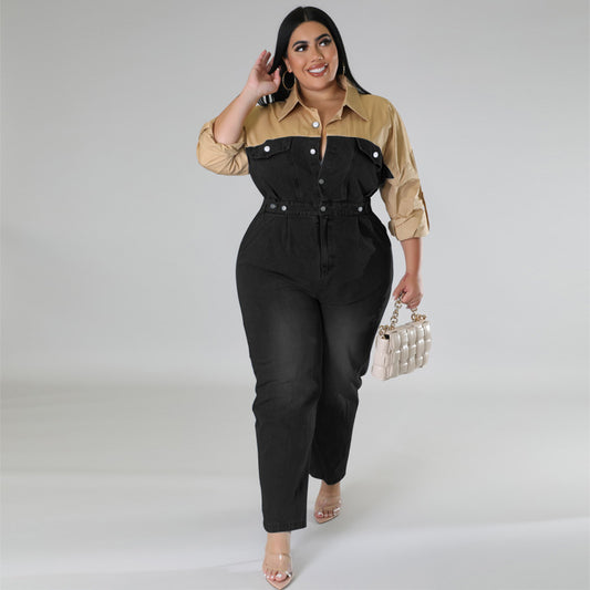 Plus Size Dames Colorblock Denim Jumpsuit