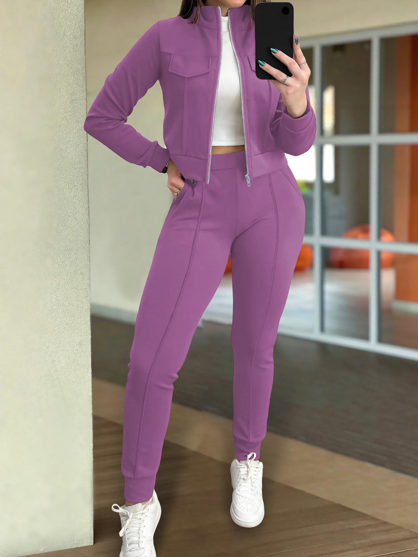 Effen kleur dames casual lange mouwen vest en broek tweedelig set