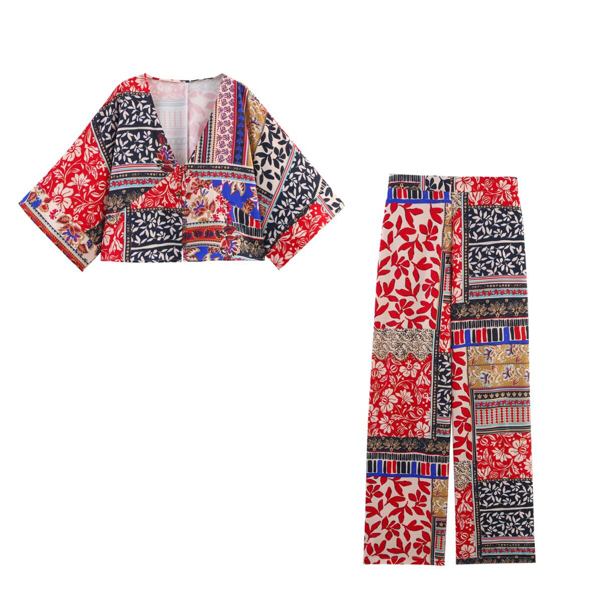 Women's Clothing Patchwork Printed Wide Sleeve V-neck Tunic + Color-blocked Wide-leg Pants