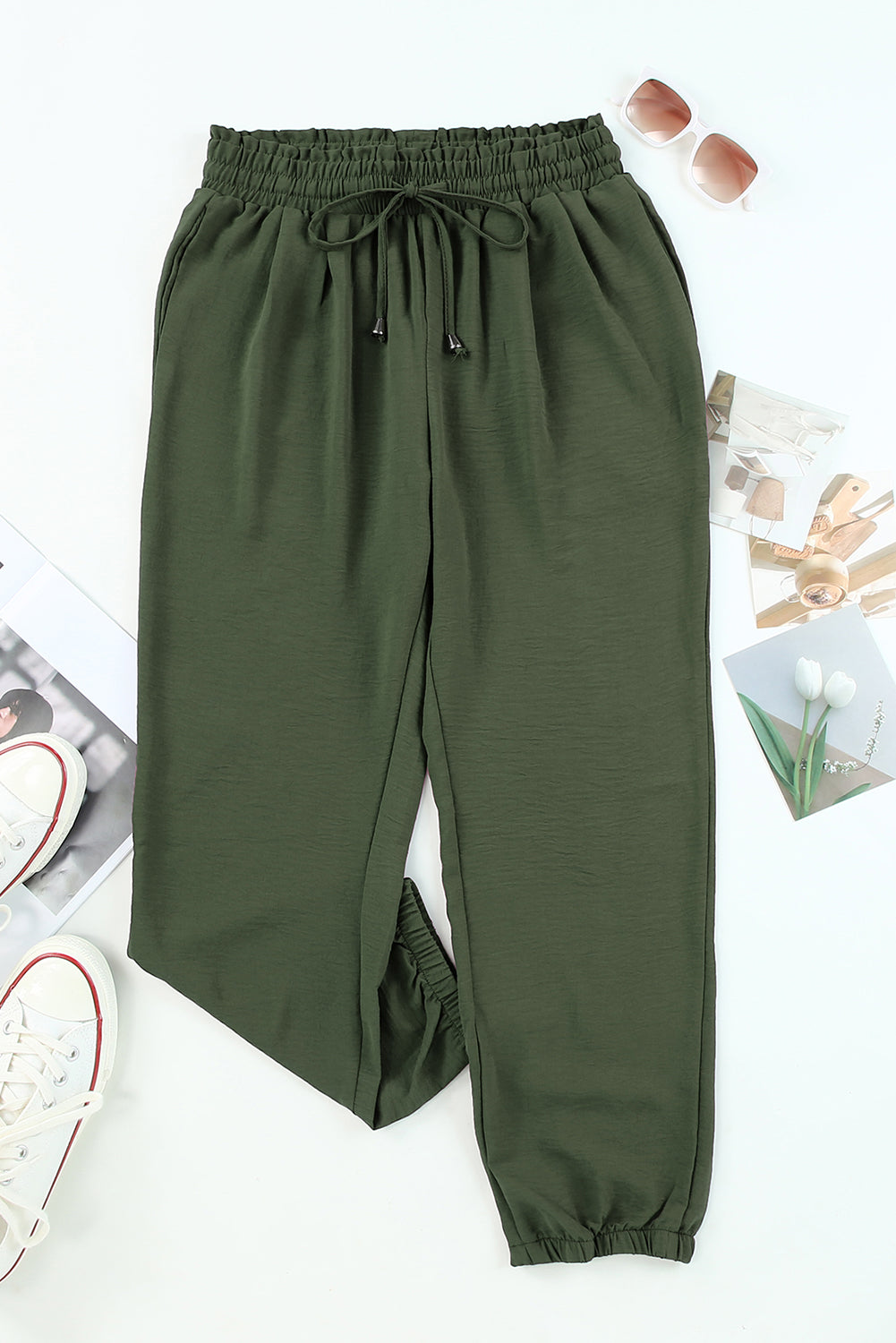 Groene effen casual broek met trekkoord zakken en elastische tailleband
