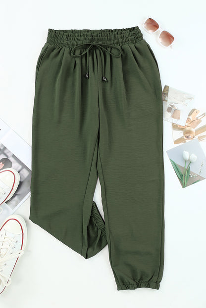 Groene effen casual broek met trekkoord zakken en elastische tailleband