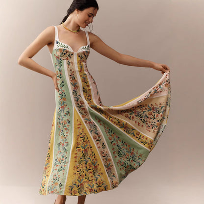 Elegant Linen Print Strapless Dress with Loose Fit for Spring and Summer Vacation