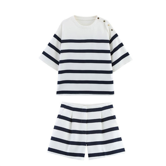 Women's Fashion Casual Striped Short Sleeve Round Neck Top and Shorts