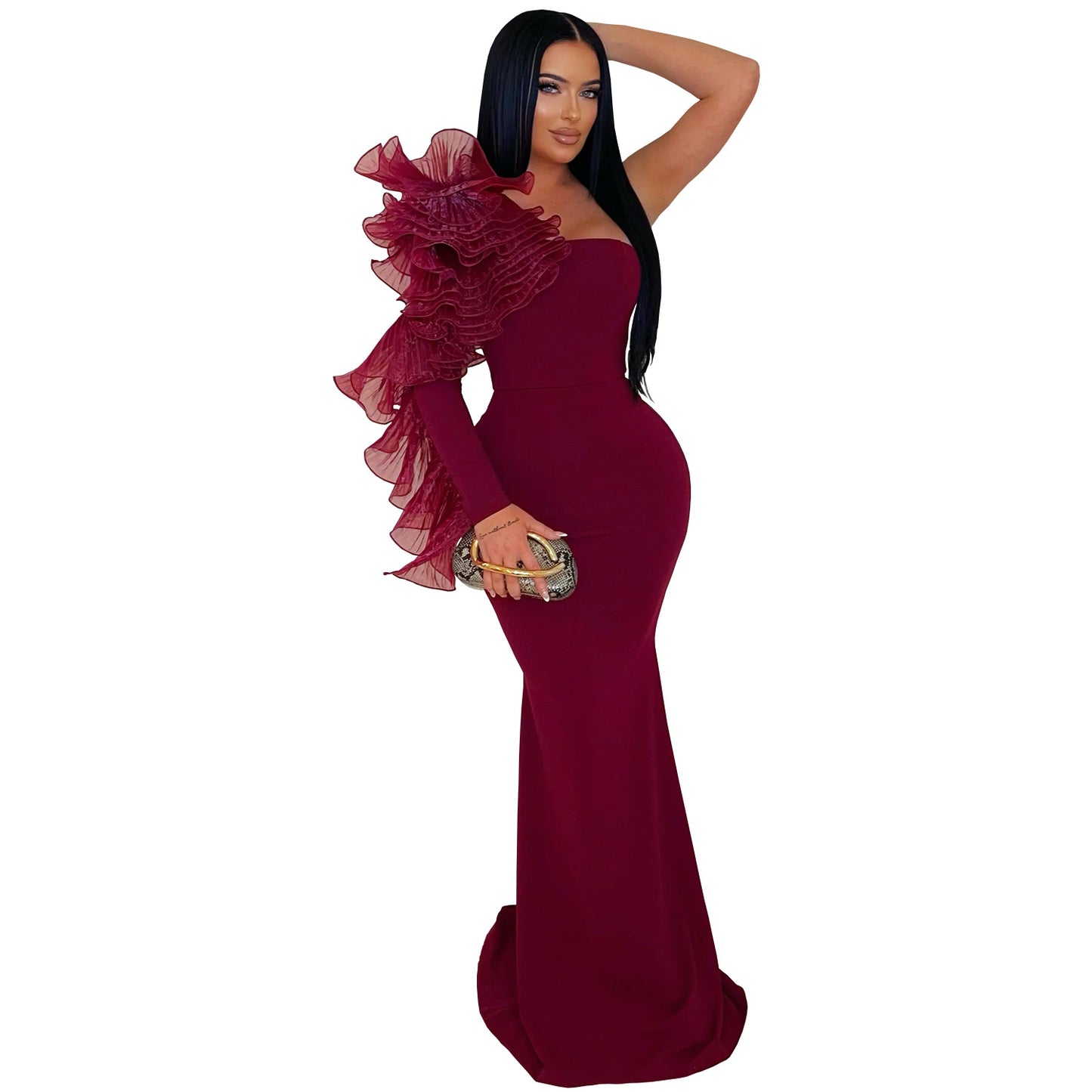 Fashion Elegant Single Ruffle Sleeve Fitted Dress for Women