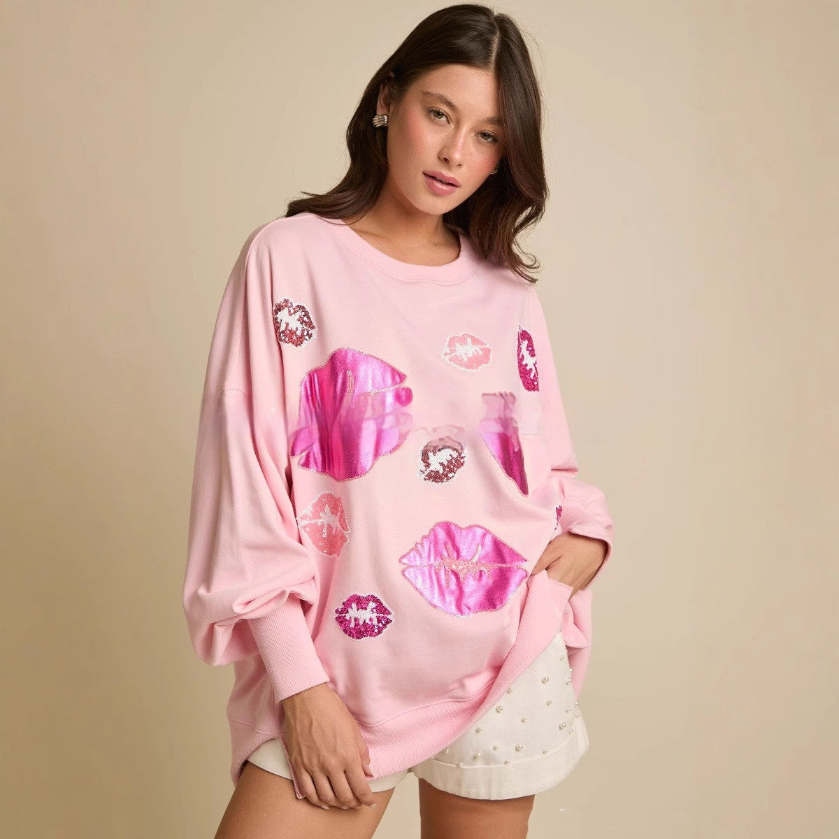 Valentijnsdag sweatshirt met pailletten en kusjes