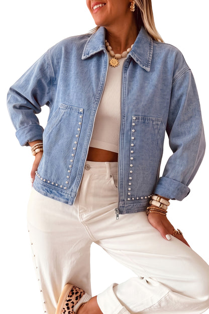 Denimjack met lange mouwen zakken ritssluiting versierd met klinknagels
