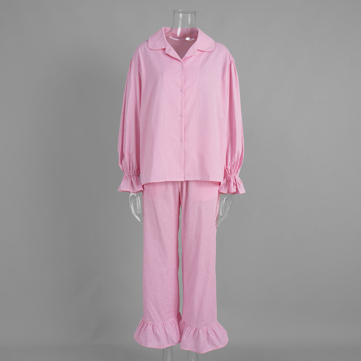 Cross-Border Pure Cotton Plaid Long-Sleeved Pants Two-Piece Set European and American 2025 Autum New Ruffled Shirt Pants Suit