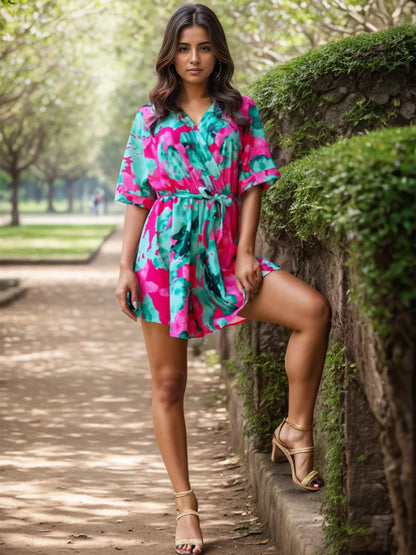Spring and summer new women's fashionable printed lace up casual jumpsuit