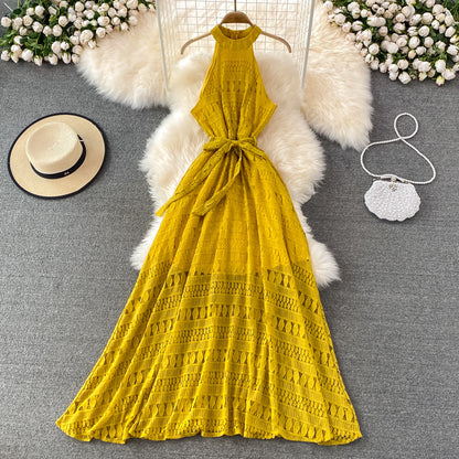 Beach Dress Summer Halter Neck Off Shoulder Hollow Lace Dress Seaside Holiday Elegant Big Swing Long Skirt Summer