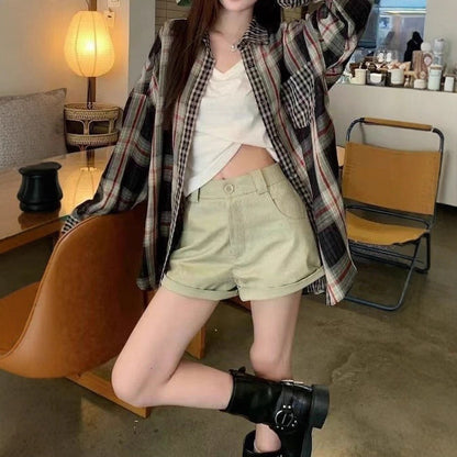 Retro Color-Block Plaid Shirt Women Loose Lazy Style Spliced Design Long Sleeve Sunscreen Blouse