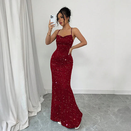 Women?s Sequined Halter Backless Mermaid Maxi Dress