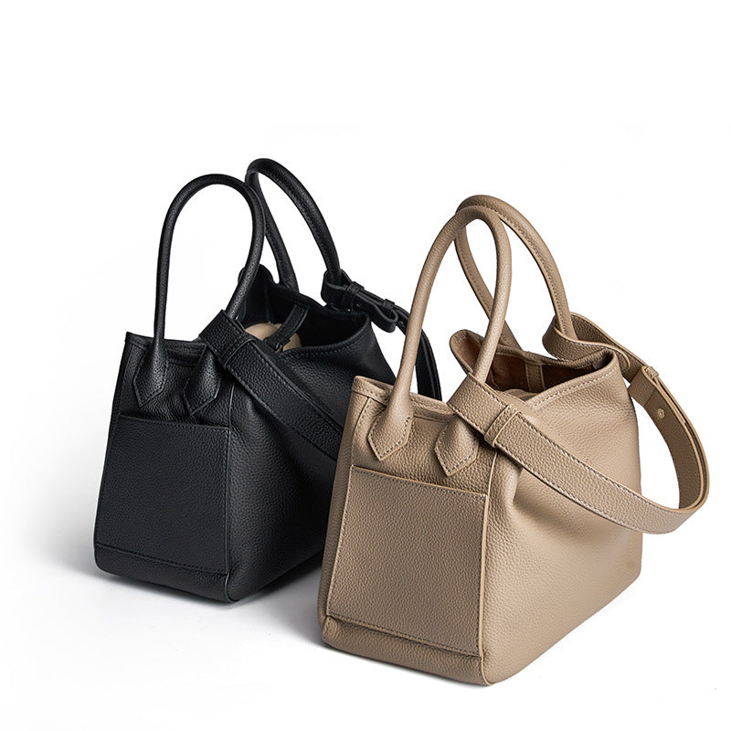 Genuine Cowhide Bucket Bag with Adjustable Strap