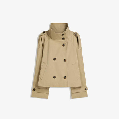 Retro V-neck double-buttoned belted short coat with zipper closure