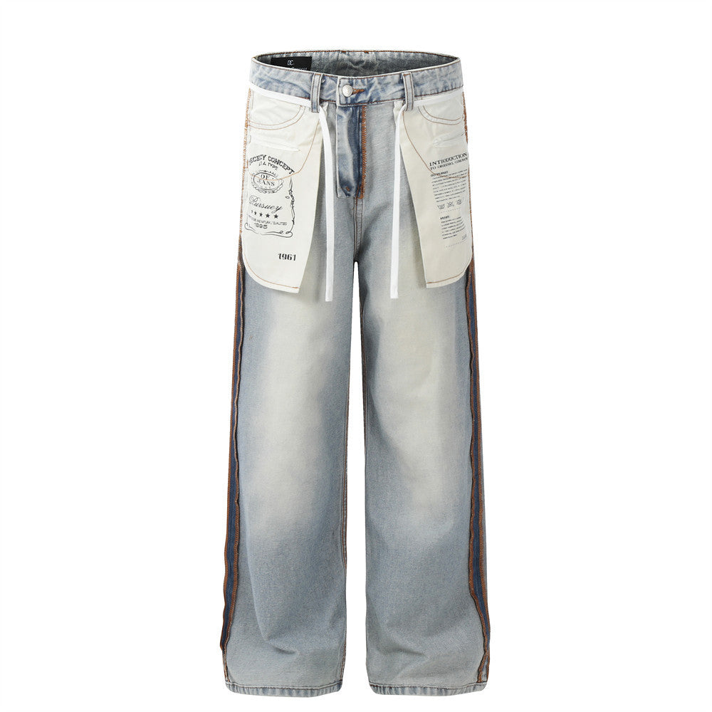Splicing washed wide leg denim pants