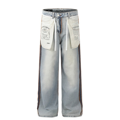 Splicing washed wide leg denim pants
