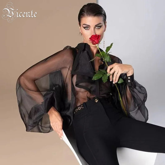 VC Ruffles Dresses For Women 2022 Summer New Trendy Long Sleeve Turndown Collar Loose One Piece Organza BodySuit