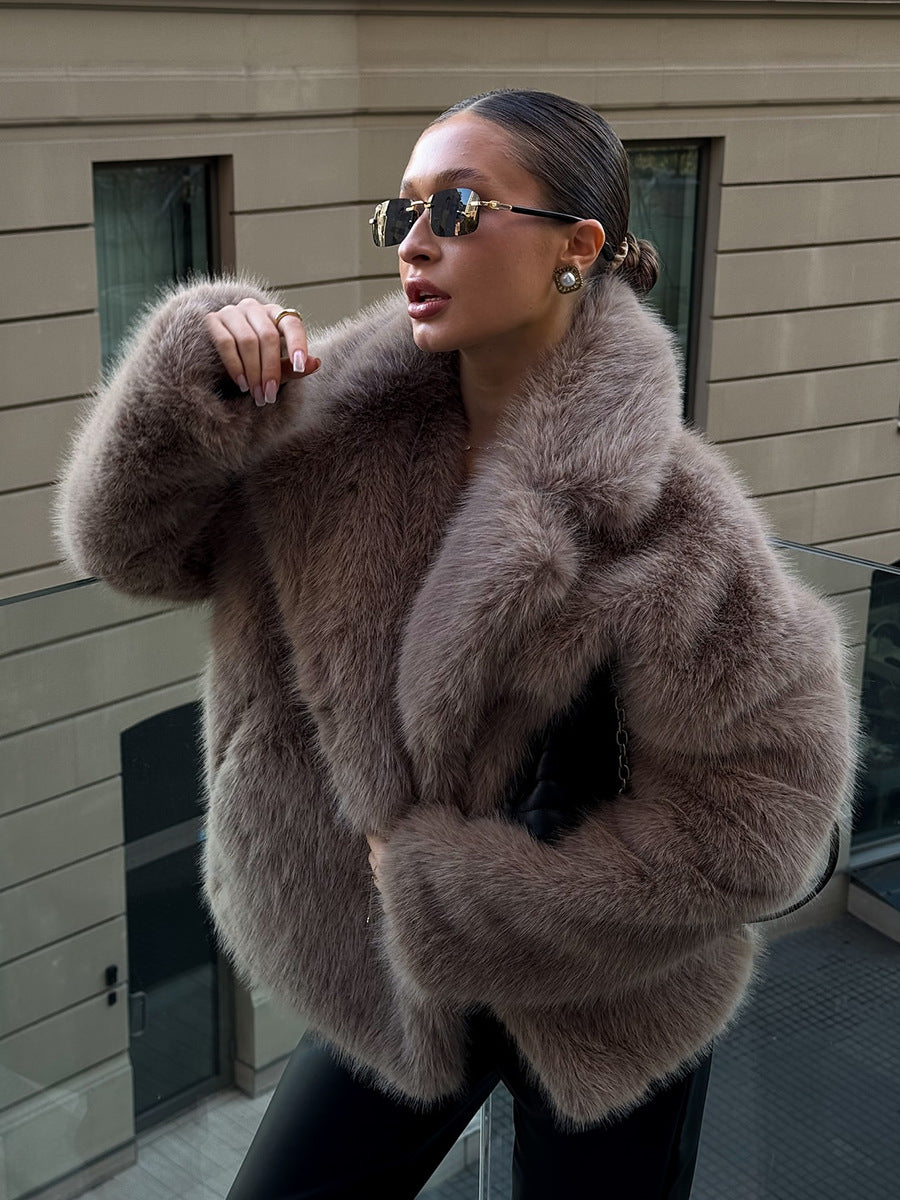 Women's Loose Fit Imitation Fur Coat Long Sleeve Suit Collar Winter Warm Outerwear
