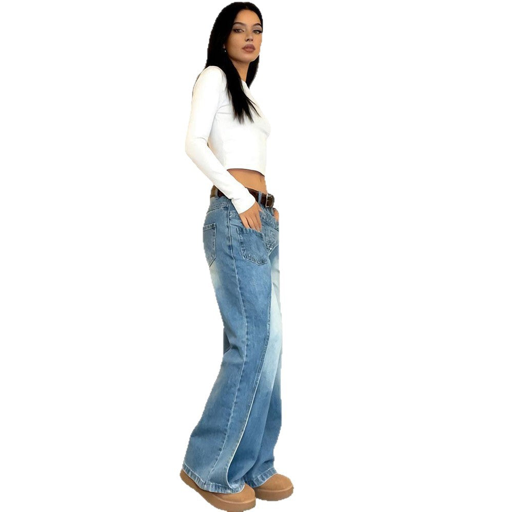 Casual denimbroek met modieuze wassing asymmetrisch ontwerp en rechte pijpen