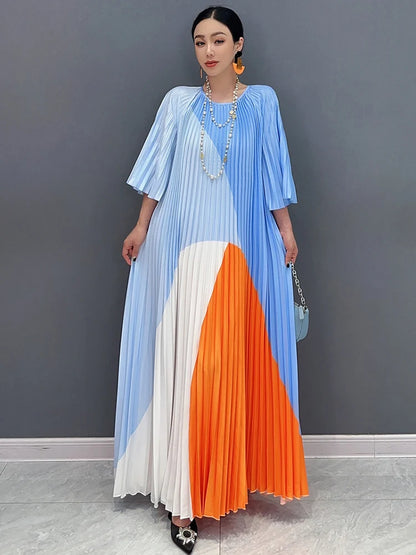 Summer New Hundred Pleated Printed Long Dress With O-Neck Half Sleeves Elegant Ladies Flare Women Dresses