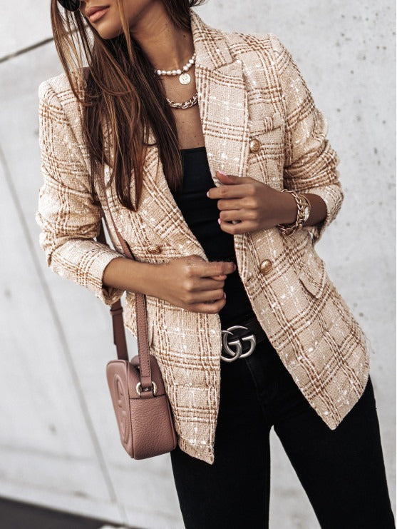 Autumn and winter new cross-border women's clothing hot selling suit long sleeved double breasted printed suit small jacket top