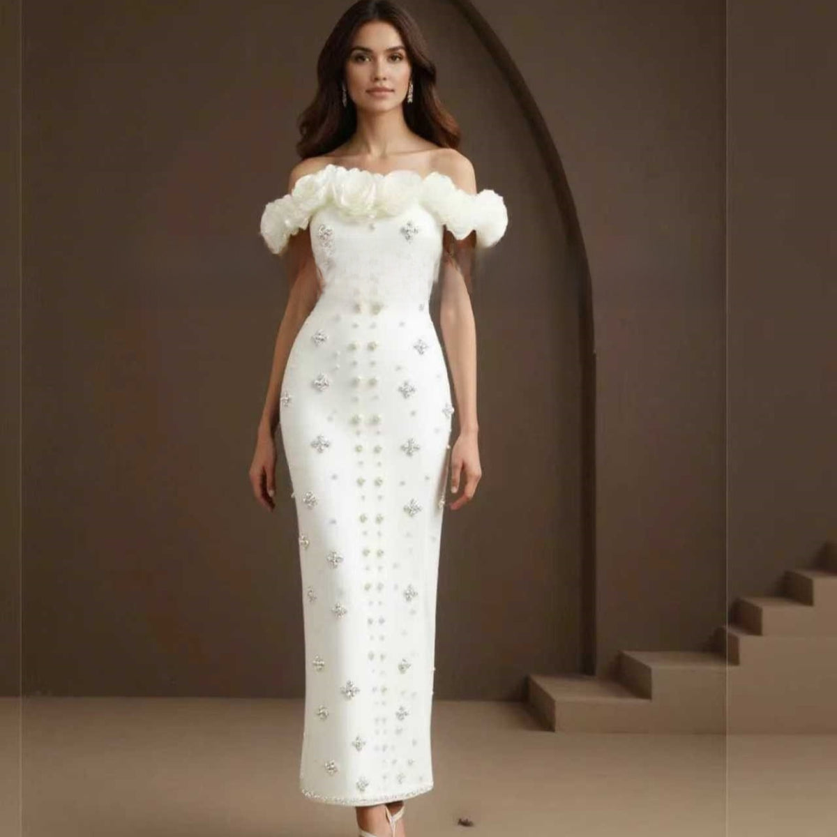 Pearl Embellished One-Shoulder Bandage Dress