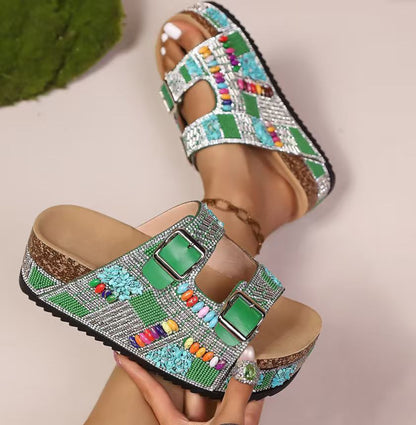 Cork Double-Buckle Rhinestone Sandals