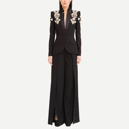 Rhinestone Embellished Blazer and Slit Pants Set