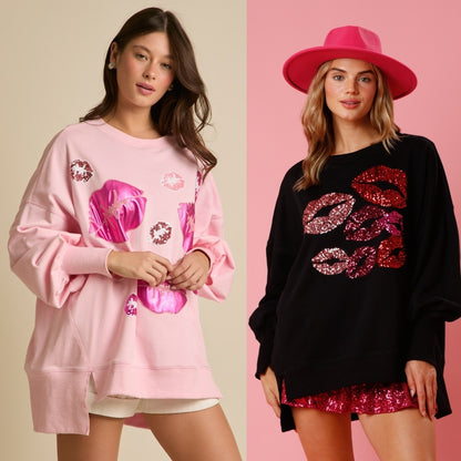 Valentijnsdag sweatshirt met pailletten en kusjes