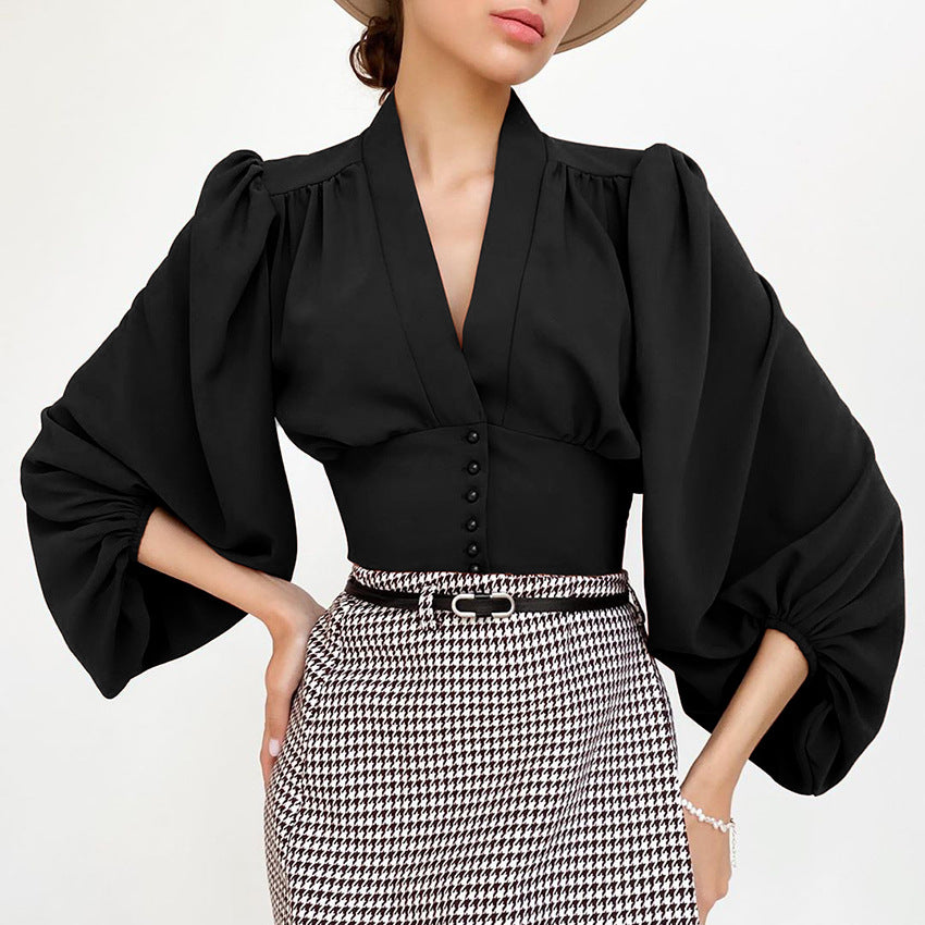 Womens Lantern Sleeve V-Neck Blouse