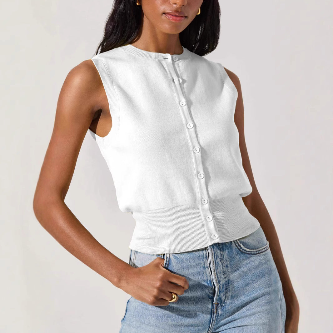 Sexy Sleeveless Knitwear Vest with Buttons for Women Summer