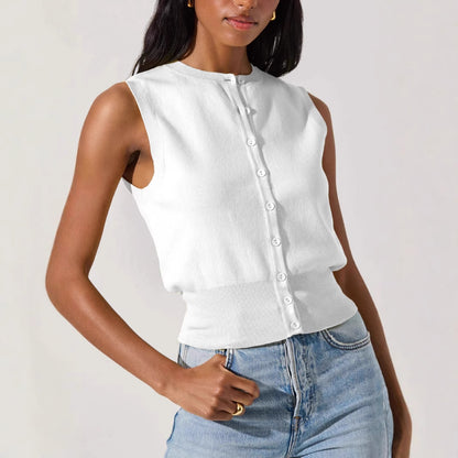Sexy Sleeveless Knitwear Vest with Buttons for Women Summer
