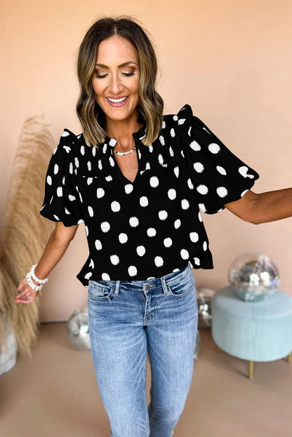 Blouse met stippenprint gesmokte halslijn en korte ballonmouwen