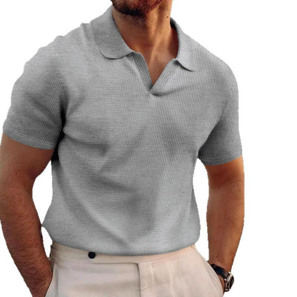 Heren zomer poloshirt met V-hals revers korte mouwen en zware wafelstructuur