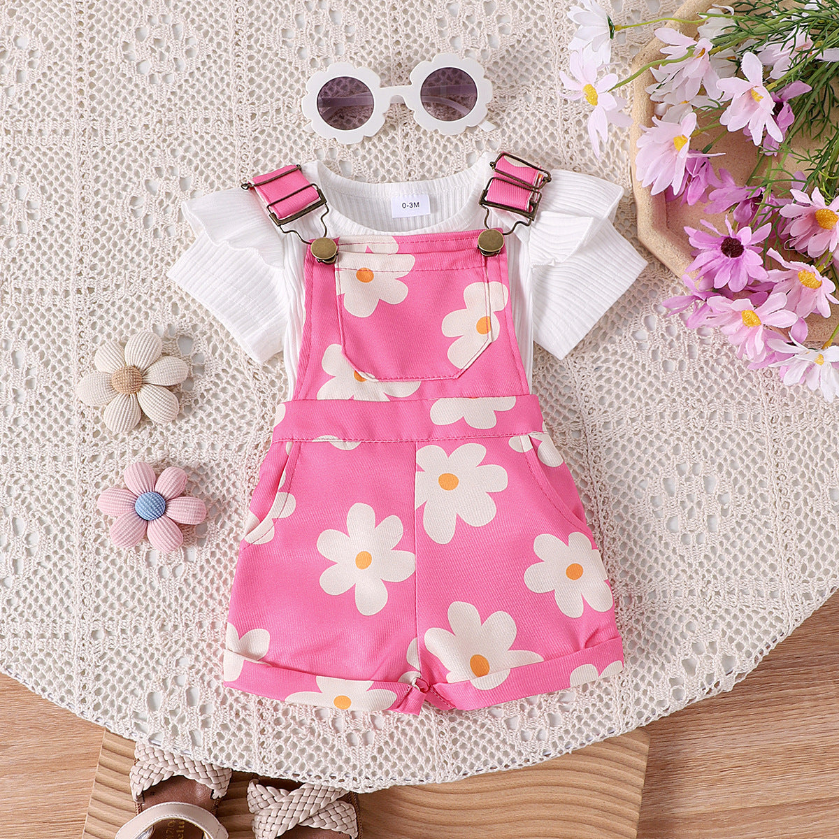 Girls Cotton Printed Top and Overalls Two-Piece Set