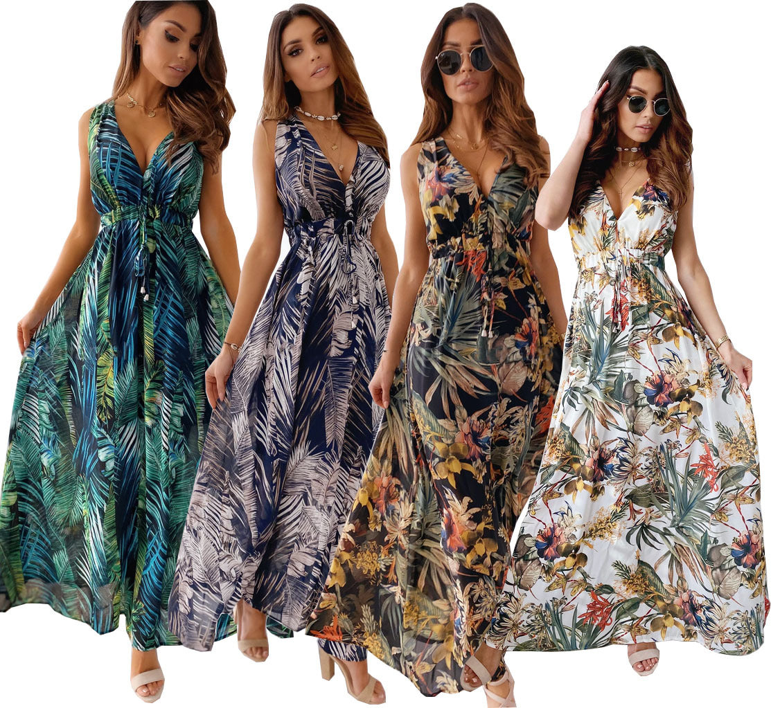 Summer New Print Open Back Lace-Up Dress