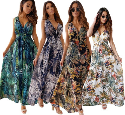 Summer New Print Open Back Lace-Up Dress