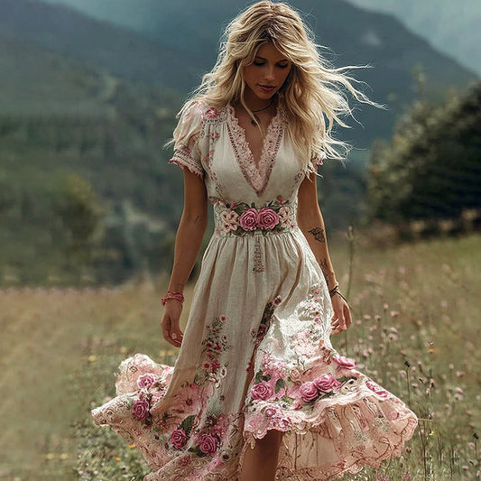 Creatieve dames boho-jurk met borduurwerk en print