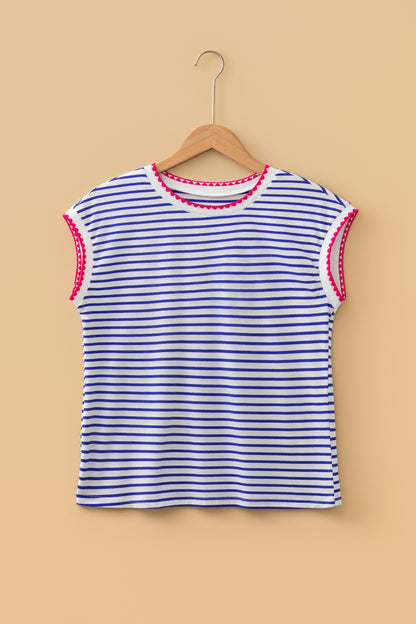 T-shirt met ronde hals en korte mouwen blauwe strepen en contrasterende bies