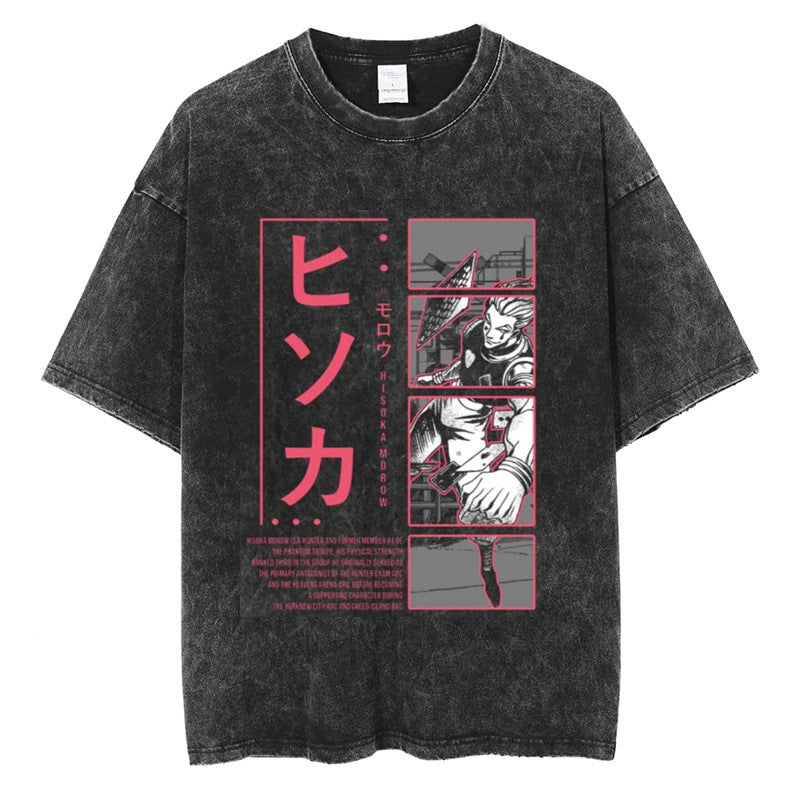 Summer New Fullmetal Alchemist Anime Print T-Shirt Summer Cotton Washed Vintage Distressed Short Sleeve Crew Neck