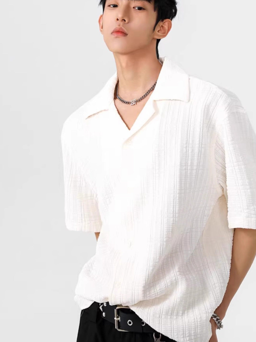 Cuban Collar Textured Short Sleeve Shirt