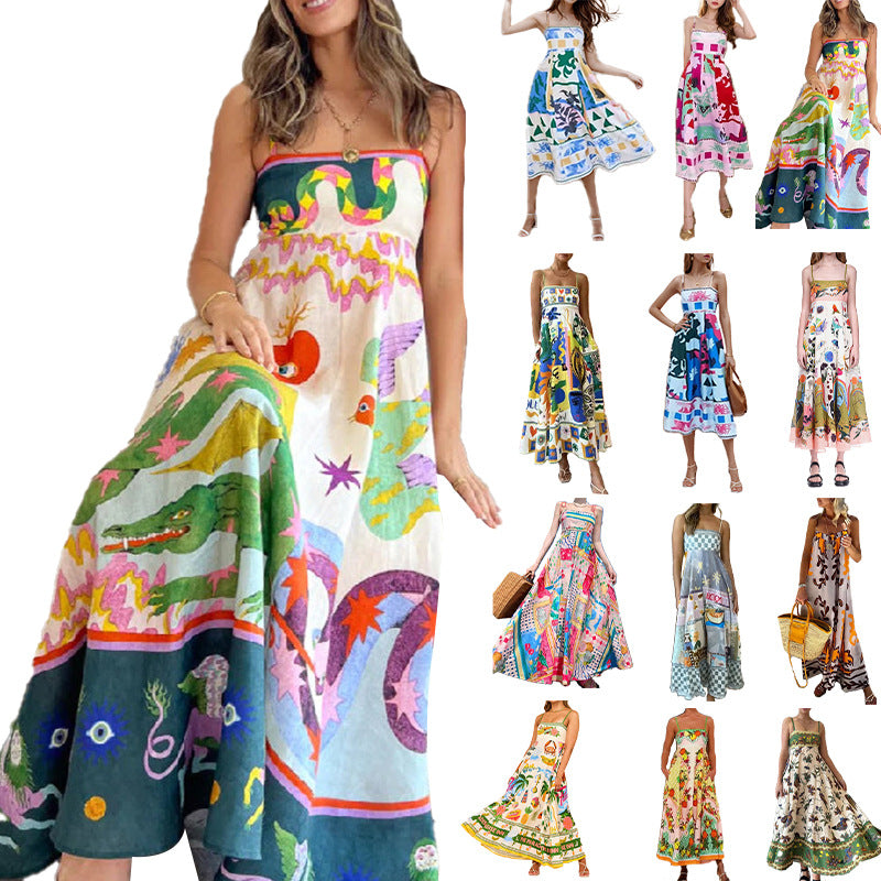 2026 Summer New Style Cross-Border European and American Resort-Style Dress, Elegant Long Printed Strap Dress