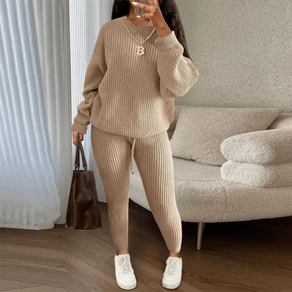 Womens Casual Knitwear Suit Long Sleeve Two Piece Pants Set