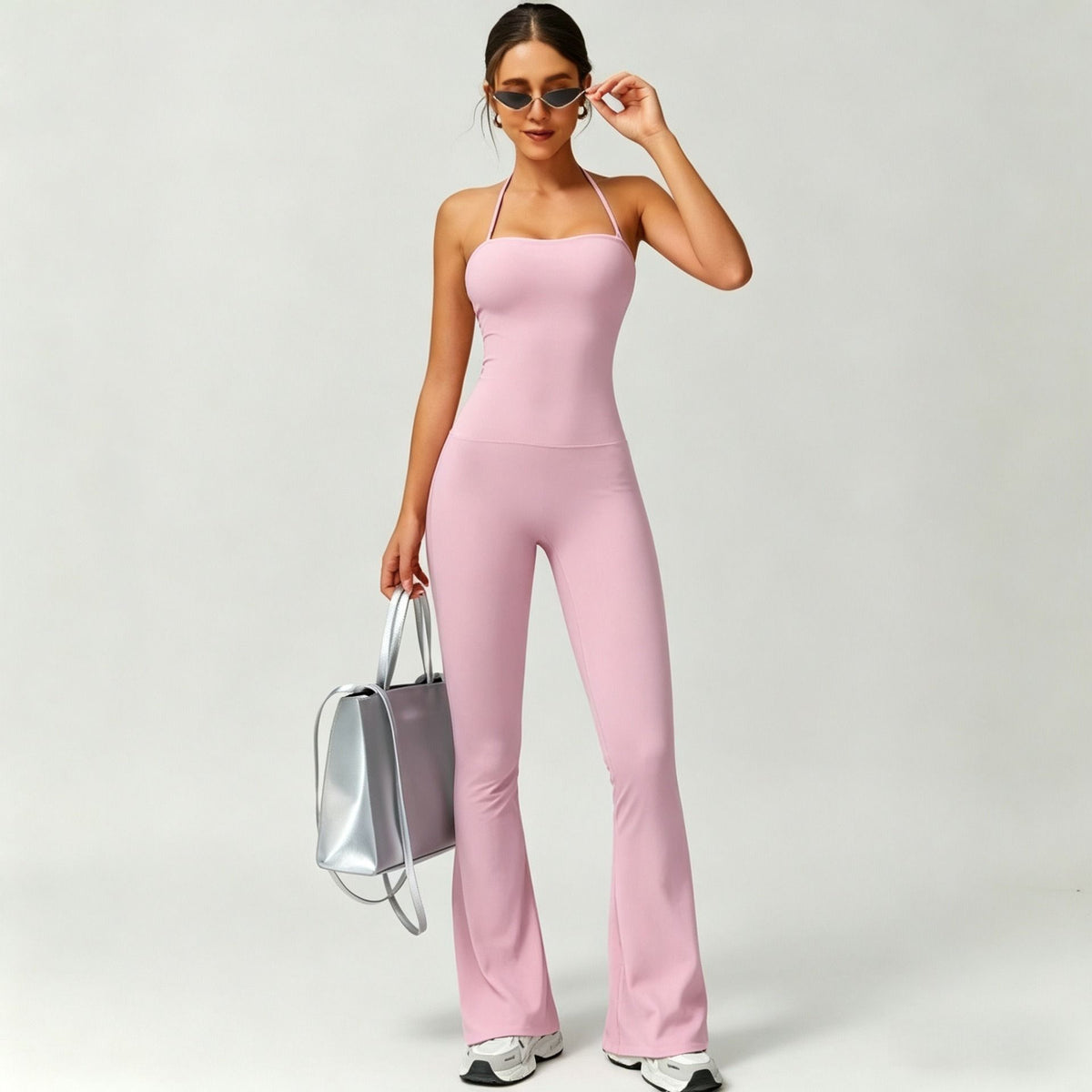 Quick Dry Yoga Fitness Suit with High Waisted Flared Pants