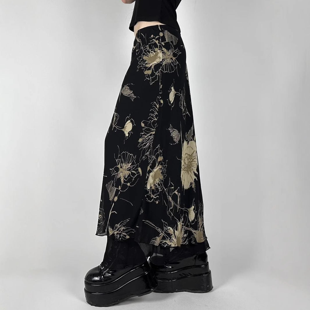Retro Forest Floral Print Low Waist Slimming Skirt Spicy Girl Bodycon Versatile Slimming A-Line Long Skirt