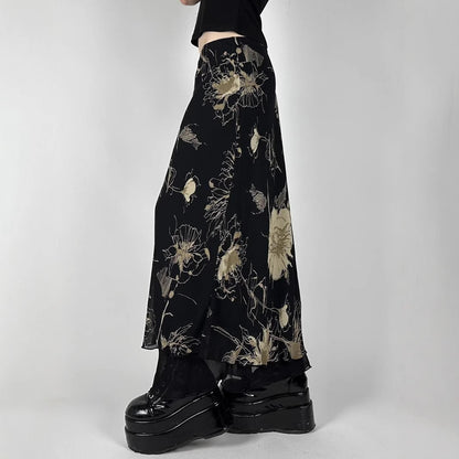 Retro Forest Floral Print Low Waist Slimming Skirt Spicy Girl Bodycon Versatile Slimming A-Line Long Skirt