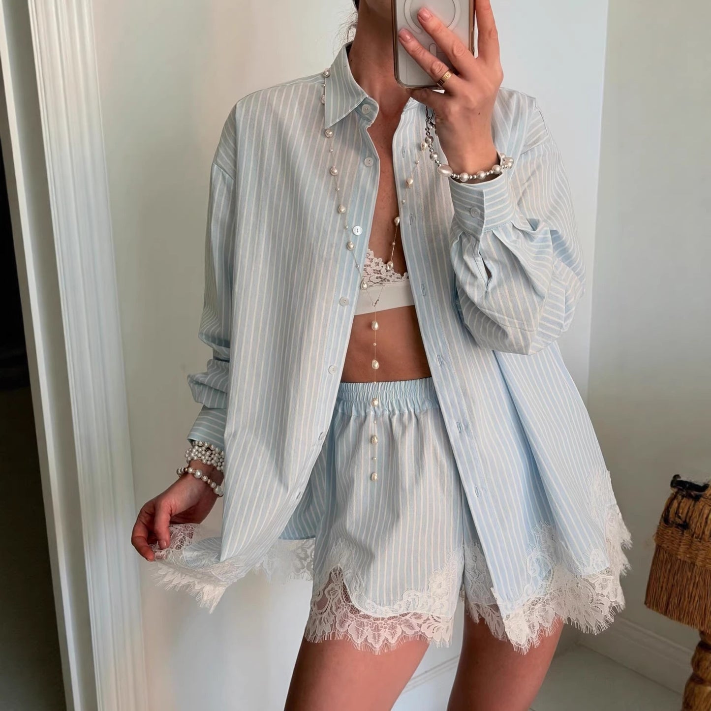 Women's Lapel Collar Blouse and Shorts Set