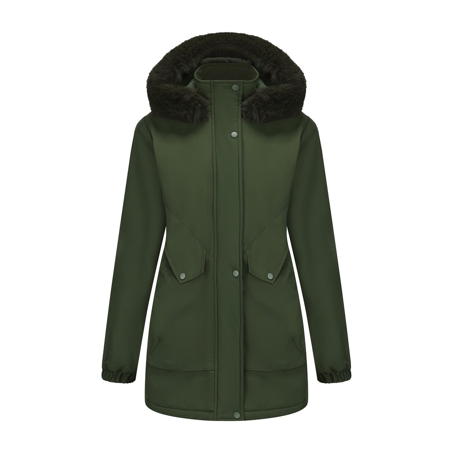 Dames katoenen jas met grote bontkraag en middellange lengte