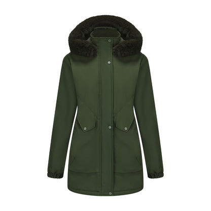 Dames katoenen jas met grote bontkraag en middellange lengte
