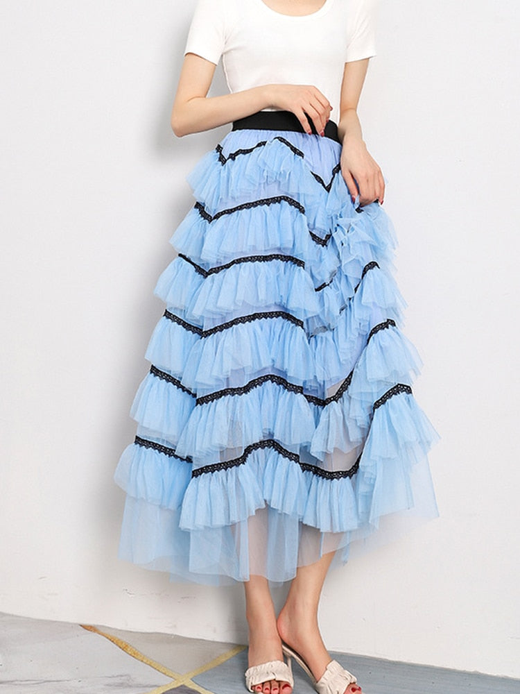 Summer Temperament Fluffy Cakee Tulle Maxi Long Skirt Multi-layered Irregular Fairy Anke Long Mesh Skirt