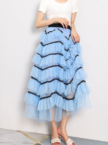 Summer Temperament Fluffy Cakee Tulle Maxi Long Skirt Multi-layered Irregular Fairy Anke Long Mesh Skirt